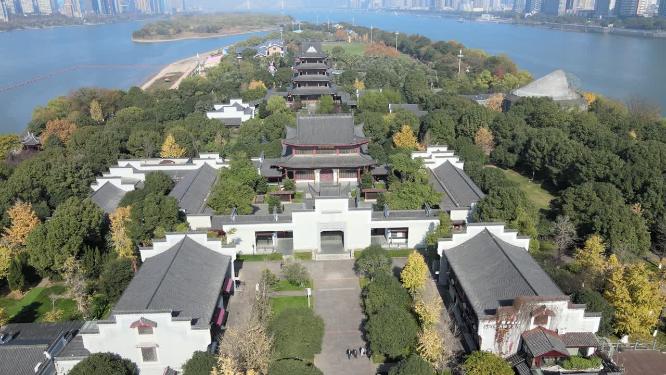 航拍橘子洲景区民俗文化园建筑群