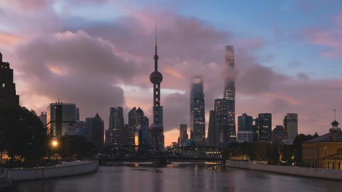 上海 陆家嘴 日出 朝霞 火烧云 和 平流雾延时