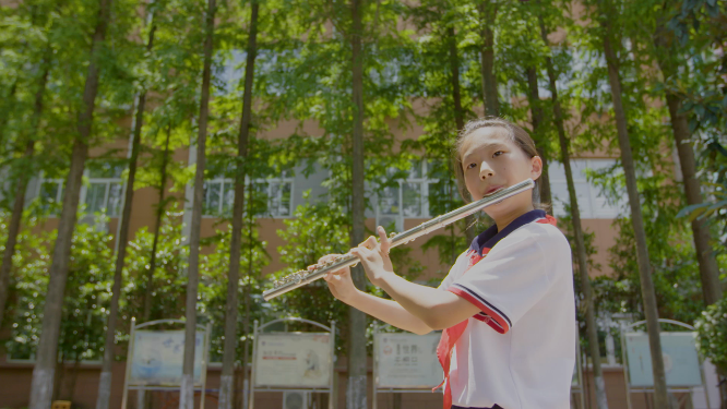 校园树林间学生乐器演奏