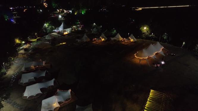 航拍夜晚营地烧烤聚会