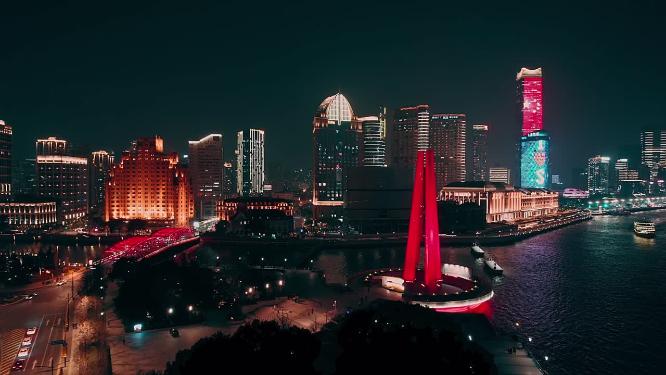 高空航拍都市CBD外滩夜景