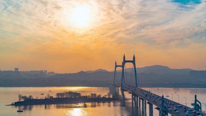湖南长沙三汊矶大桥日出日落航拍延时摄影