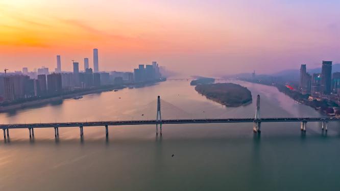 湖南长沙银盆岭大桥日出日落航拍延时摄影