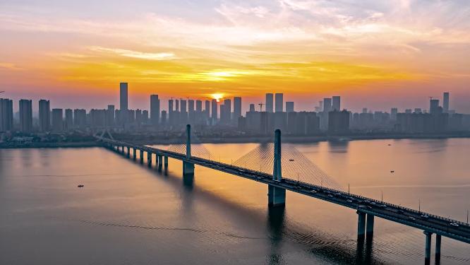 湖南长沙银盆岭大桥日出日落航拍延时摄影