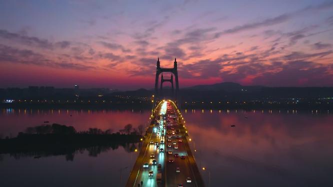 湖南长沙三汊矶大桥日落晚霞夜景航拍