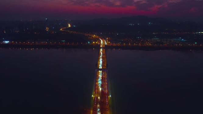 湖南长沙三汊矶大桥夜景航拍