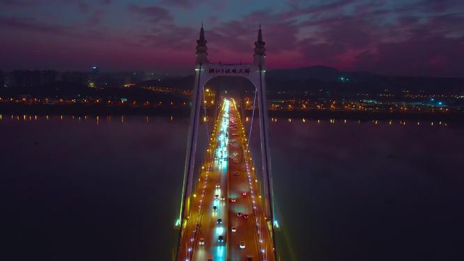 湖南长沙三汊矶大桥夜景航拍