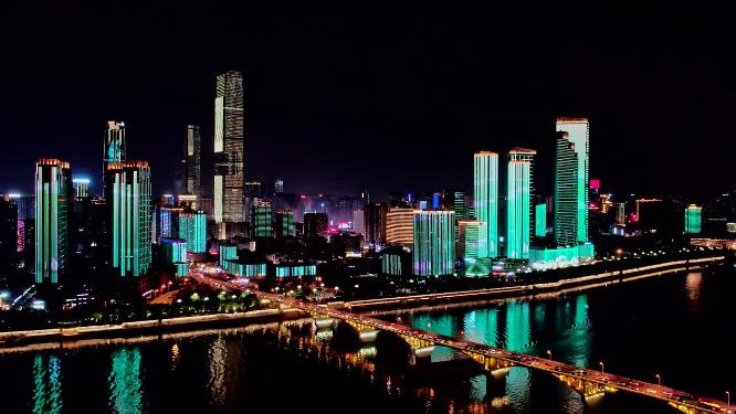 湖南长沙市中心城市夜景航拍