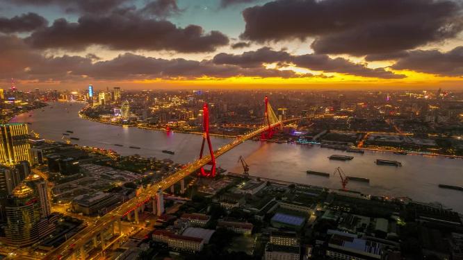 5K航拍上海杨浦大桥夜景延时