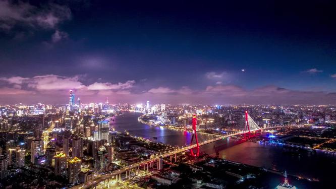 5K航拍上海杨浦大桥夜景延时