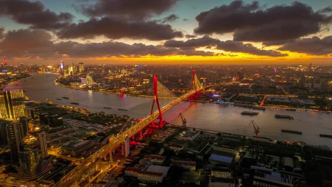 5K航拍上海杨浦大桥夜景延时