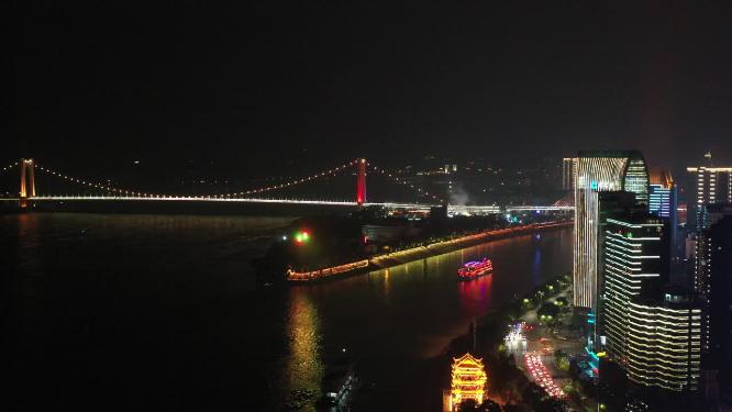 湖北宜昌江边夜晚航拍