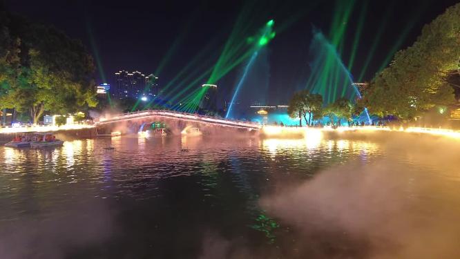 郴州北湖公园灯光秀湖面水雾灯光城市夜景