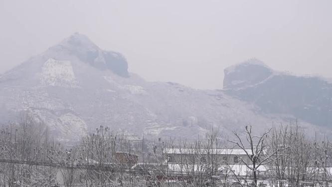 农村景区下雪雪花飘舞雪景景观