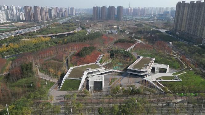 西安深秋高新区雁南公园游玩郊游航拍