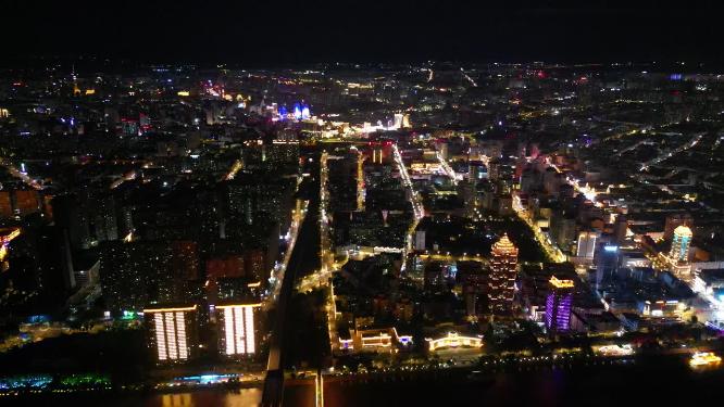 哈尔滨道里区城市建筑夜景航拍