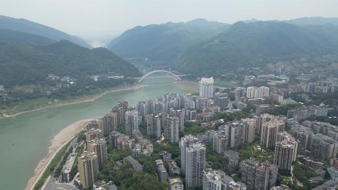 重庆北碚朝阳桥嘉陵江自然风光航拍（八桥叠翠）