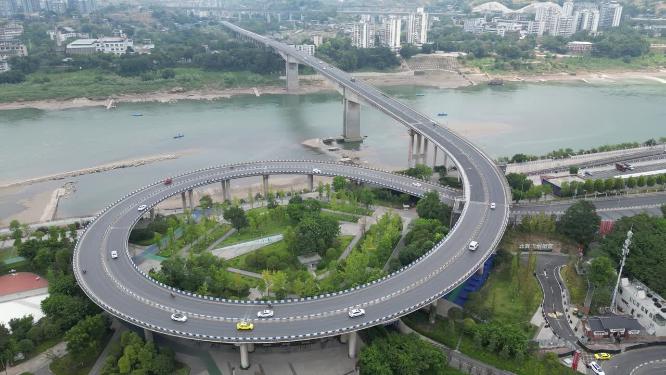 重庆北碚嘉陵江大桥公路车流航拍