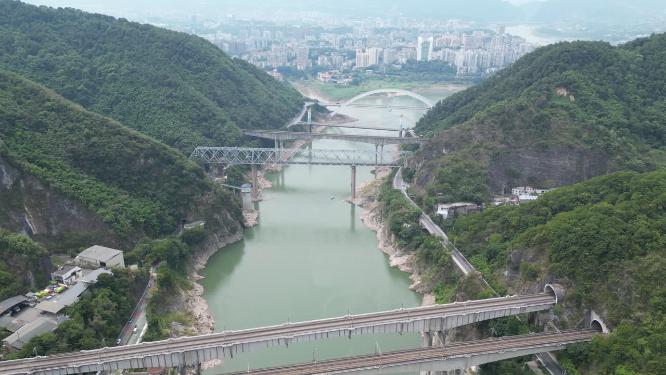 重庆北碚朝阳桥嘉陵江自然风光航拍（八桥叠翠）