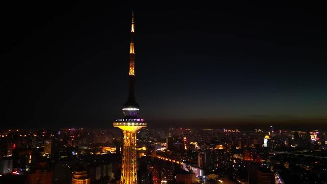哈尔滨龙塔景点城市夜景风光航拍素材