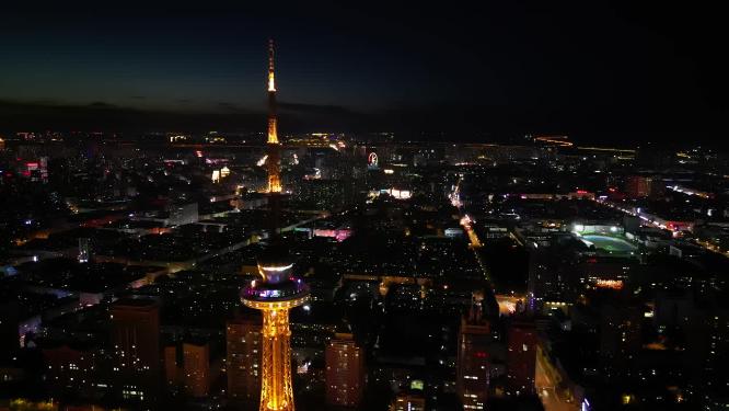 哈尔滨龙塔景点城市夜景风光航拍素材