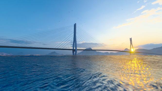 4K落日余晖下的跨海大桥航拍素材
