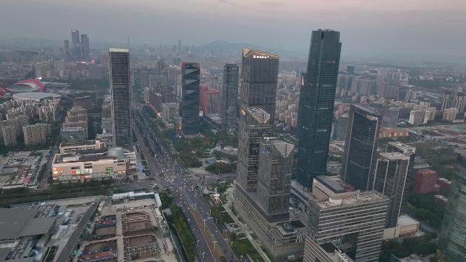 航拍落日时分的南京河西中央商务区