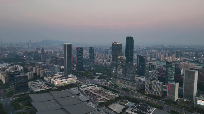 航拍落日时分的南京河西中央商务区