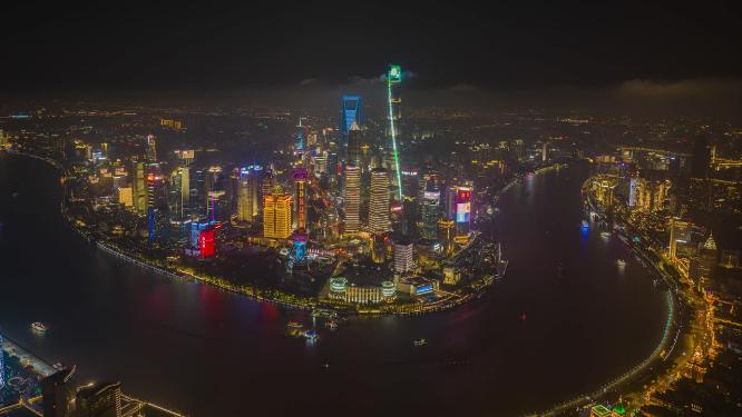 航拍上海陆家嘴外滩夜景延时视频