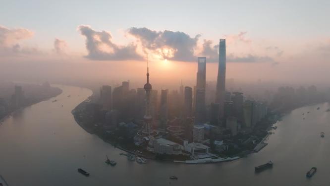 航拍上海陆家嘴外滩日出风光