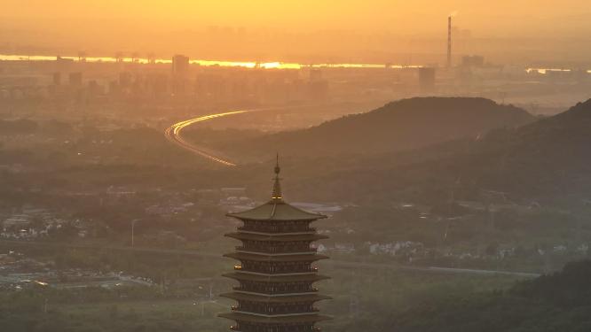 航拍南京地标建筑牛首山风景区