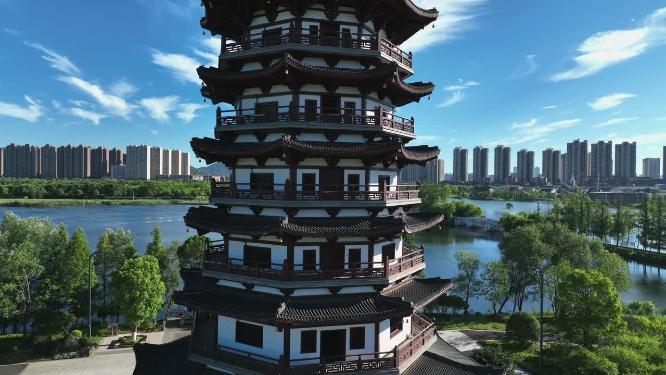 航拍长沙洋湖湿地公园白鹭塔