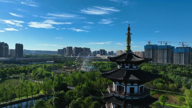 航拍长沙洋湖湿地公园白鹭塔