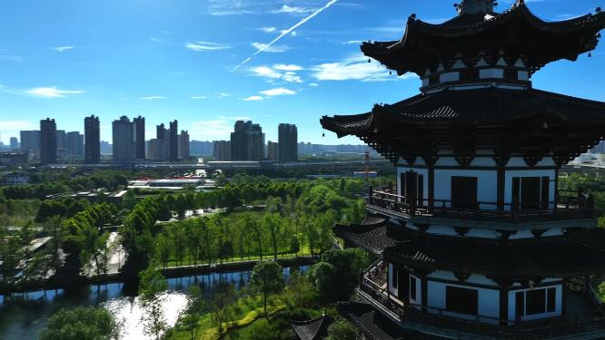 航拍长沙洋湖湿地公园白鹭塔