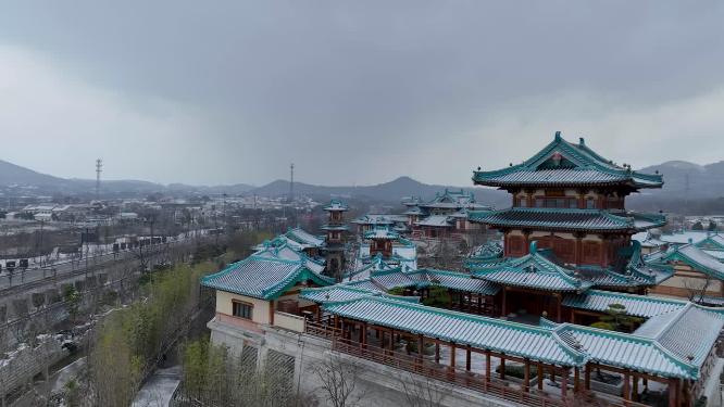 航拍南京金陵小镇雪景