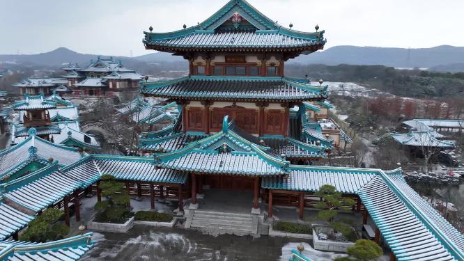 航拍南京金陵小镇雪景