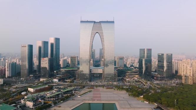 航拍日出时的苏州地标建筑东方之门