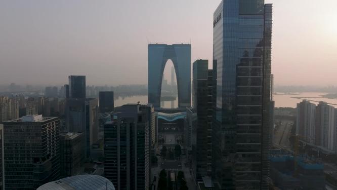 航拍日出时的苏州地标建筑东方之门