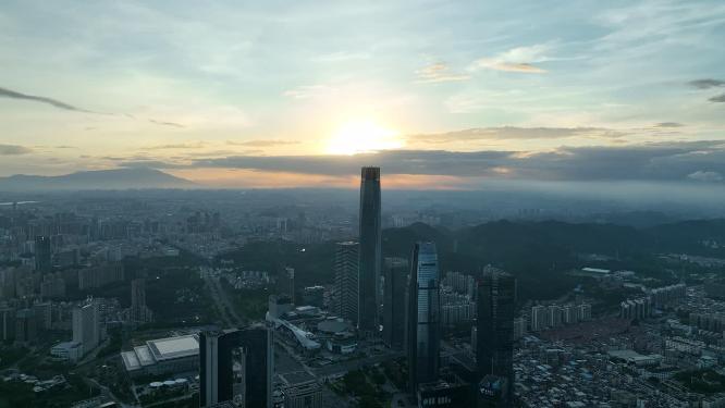 广东省东莞市日出日落城市风光航拍