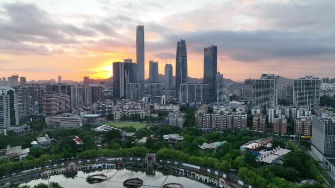 广东省东莞市日出日落城市风光航拍