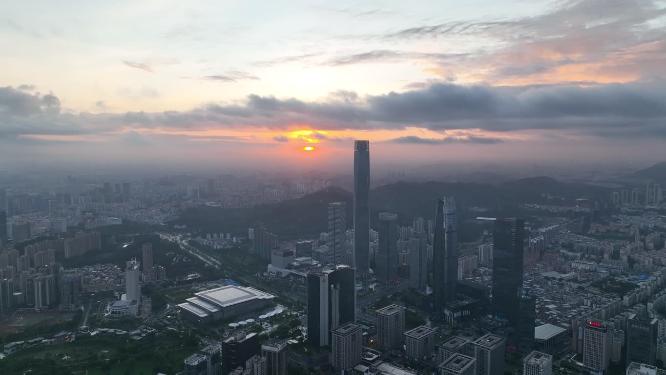 广东省东莞市日出日落城市风光航拍