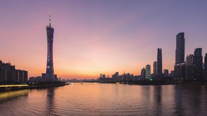 广州塔与珠江新城日转夜延时美景