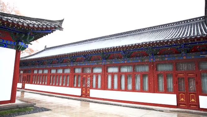 大雪下的古建筑  雨雪交加的冬天