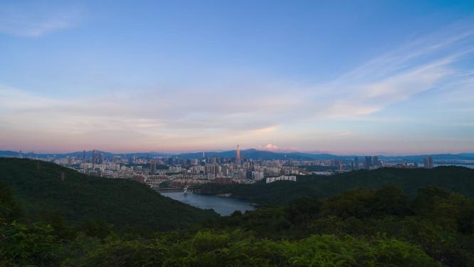塘朗山远眺深圳福田区城市风光晚霞延时