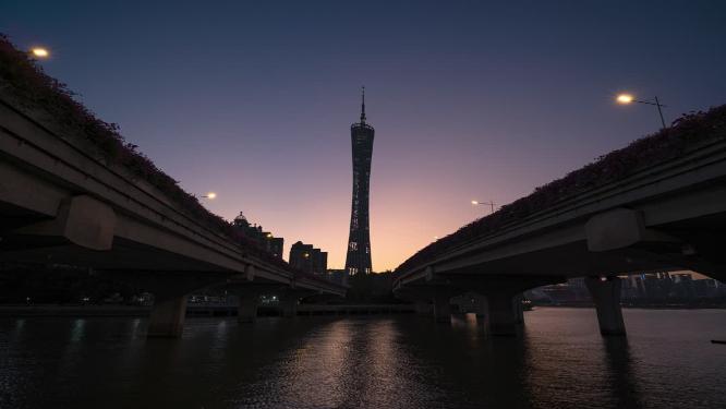 广州塔江景日转夜延时