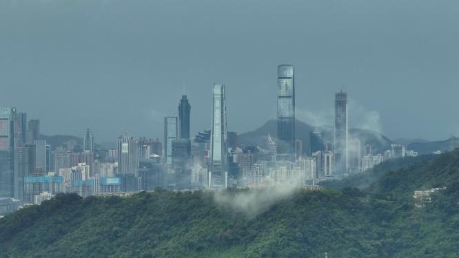 航拍深圳雨后地标建筑云海