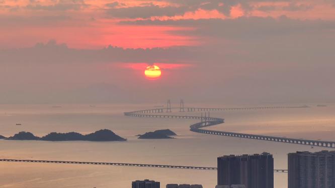 航拍港珠澳大桥日出
