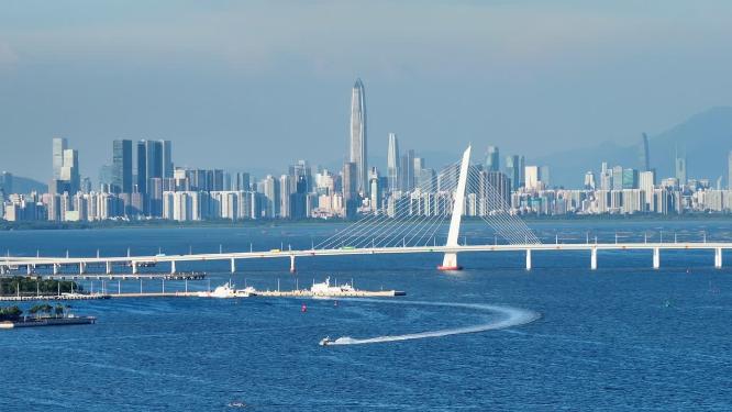 航拍深圳湾公路大桥深圳地标建筑天际线