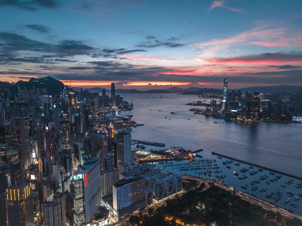 香港维多利亚港晚霞夜景航拍延时