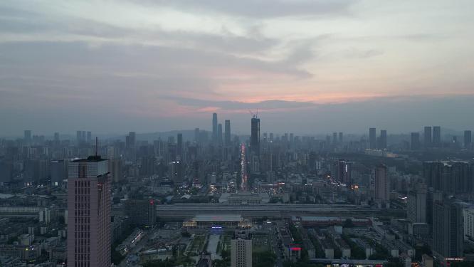 湖南长沙城市日落晚霞夕阳航拍